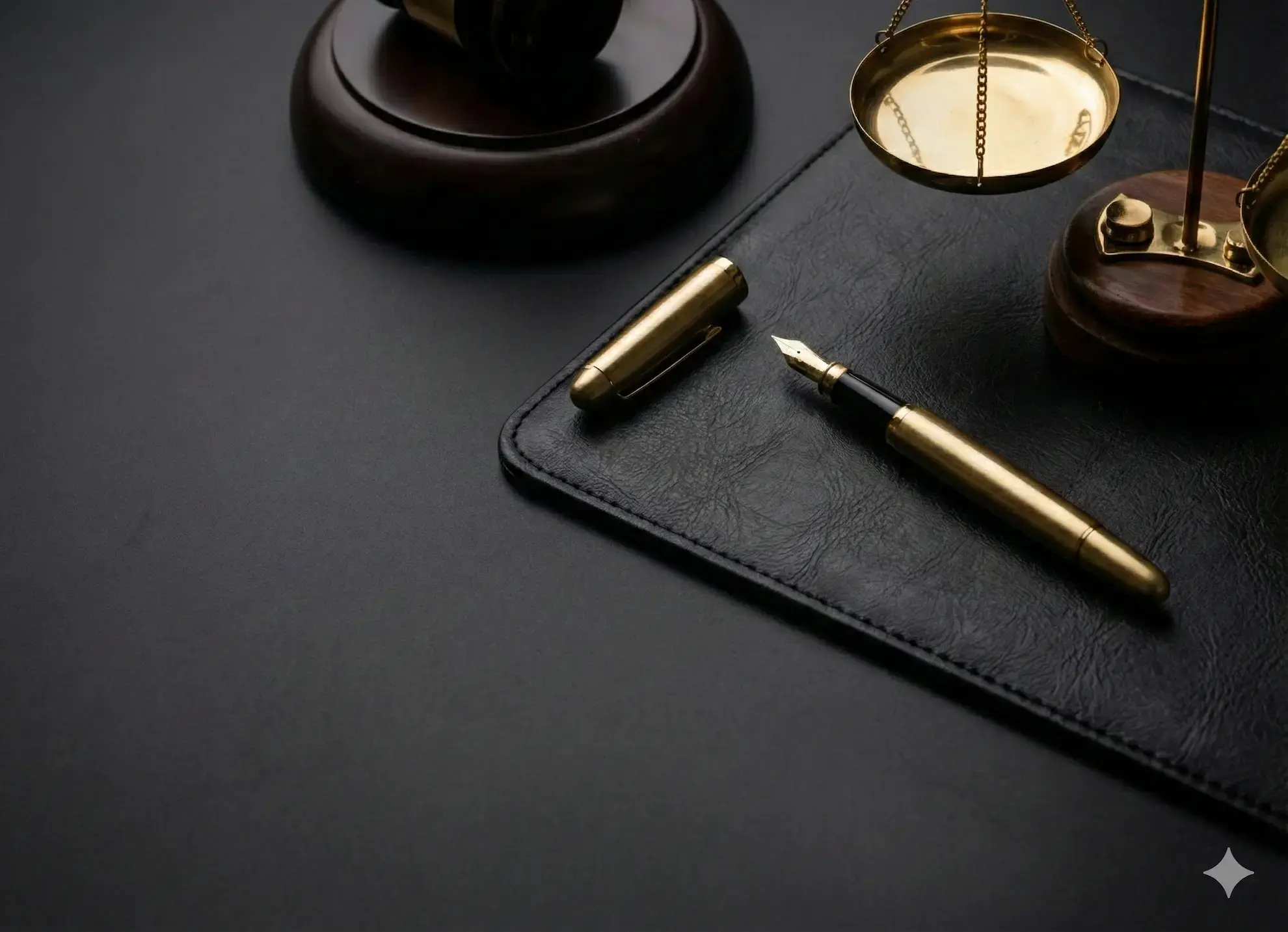 Balanza de justicia, mazo y pluma estilográfica sobre escritorio de cuero